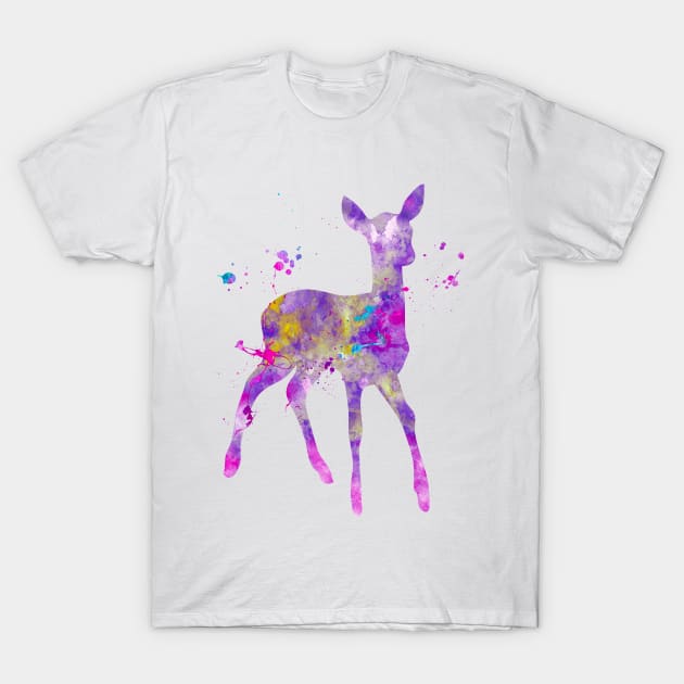 Purple Fawn Watercolor Painting T-Shirt by Miao Miao Design